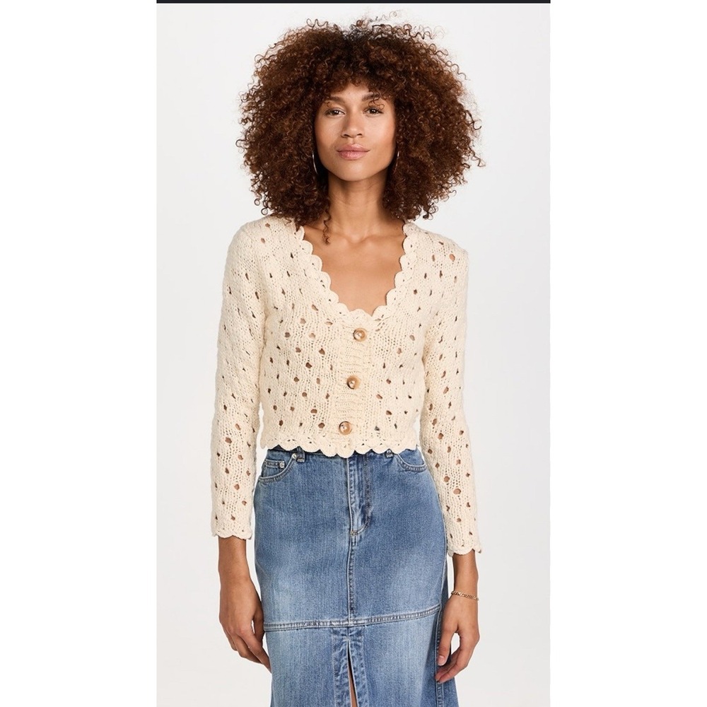 Stella Pardo Paris Cream Wool Cotton Pointelle Cropped Cardi Scalloped XS $298